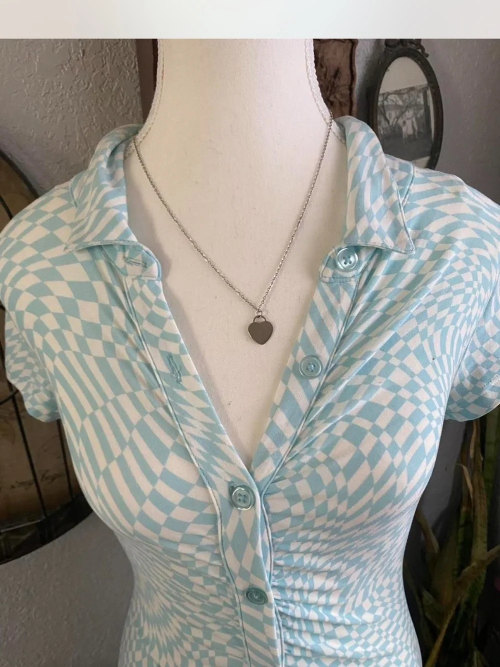 Light Blue Patterned Midi Button-Front Dress - Picture 4 of 7